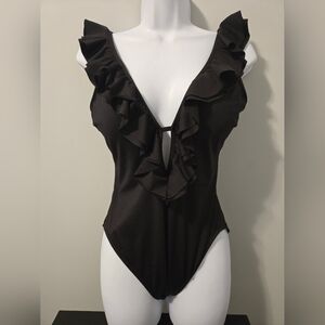 NWT- MICHAEL Kors Black Swimsuit With Ruffle Trim. Size 12. (Large).
